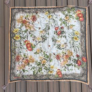 Johnny Was Pure Silk Floral Accents With Tassels 40” X 40” Scarf ~ EUC
